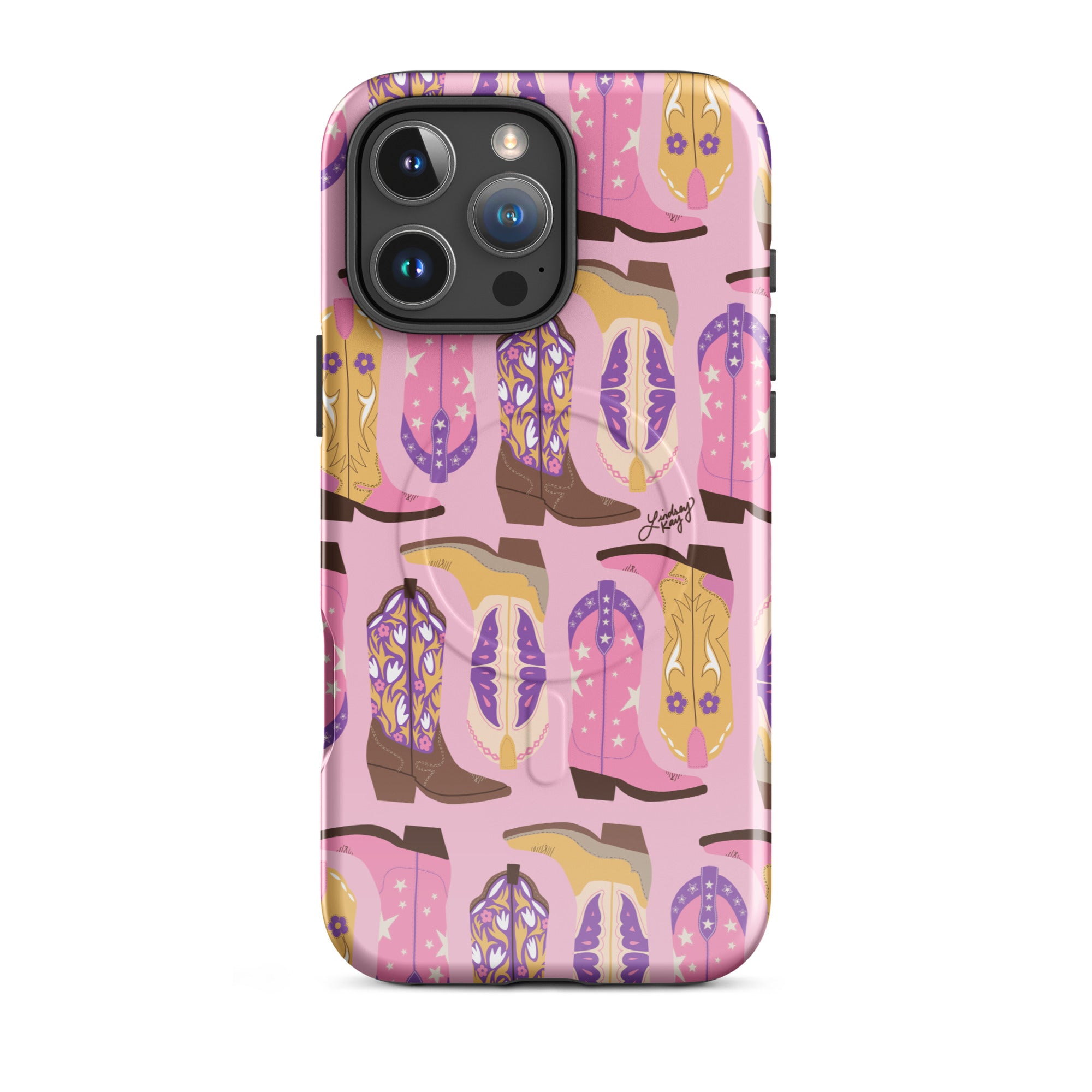 Pink purple cowgirl boots illustration pattern iPhone MagSafe case phone cover durable Lindsey Kay collective iPhone 16 Pro Max preppy country Texas sorority cute trendy